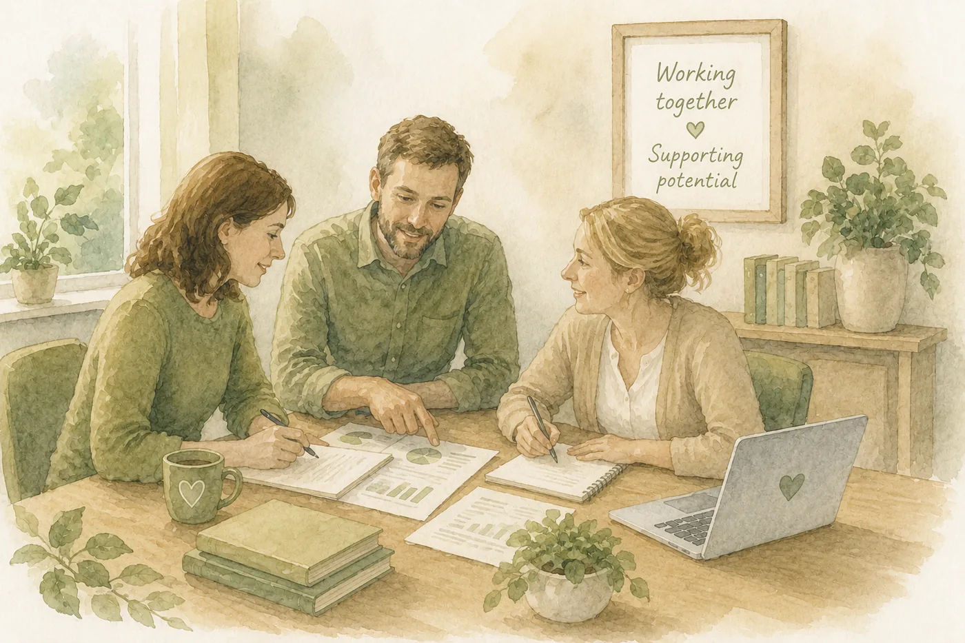 Watercolour illustration of three adults talking through next steps together at a table